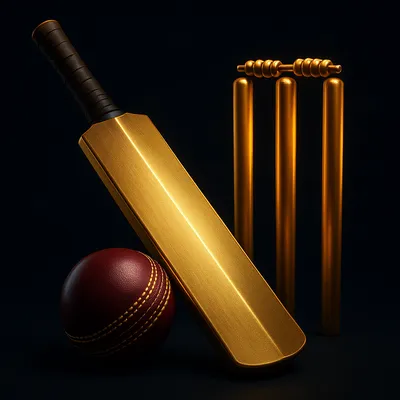 Golden cricket bat, ball and glowing stumps icon for IPL ID cricket betting
