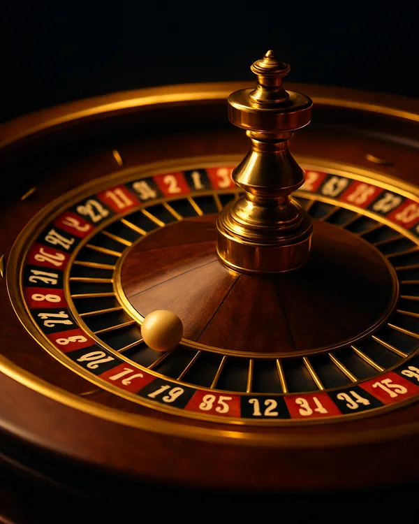 Live European Roulette wheel with spinning ivory ball and golden rim